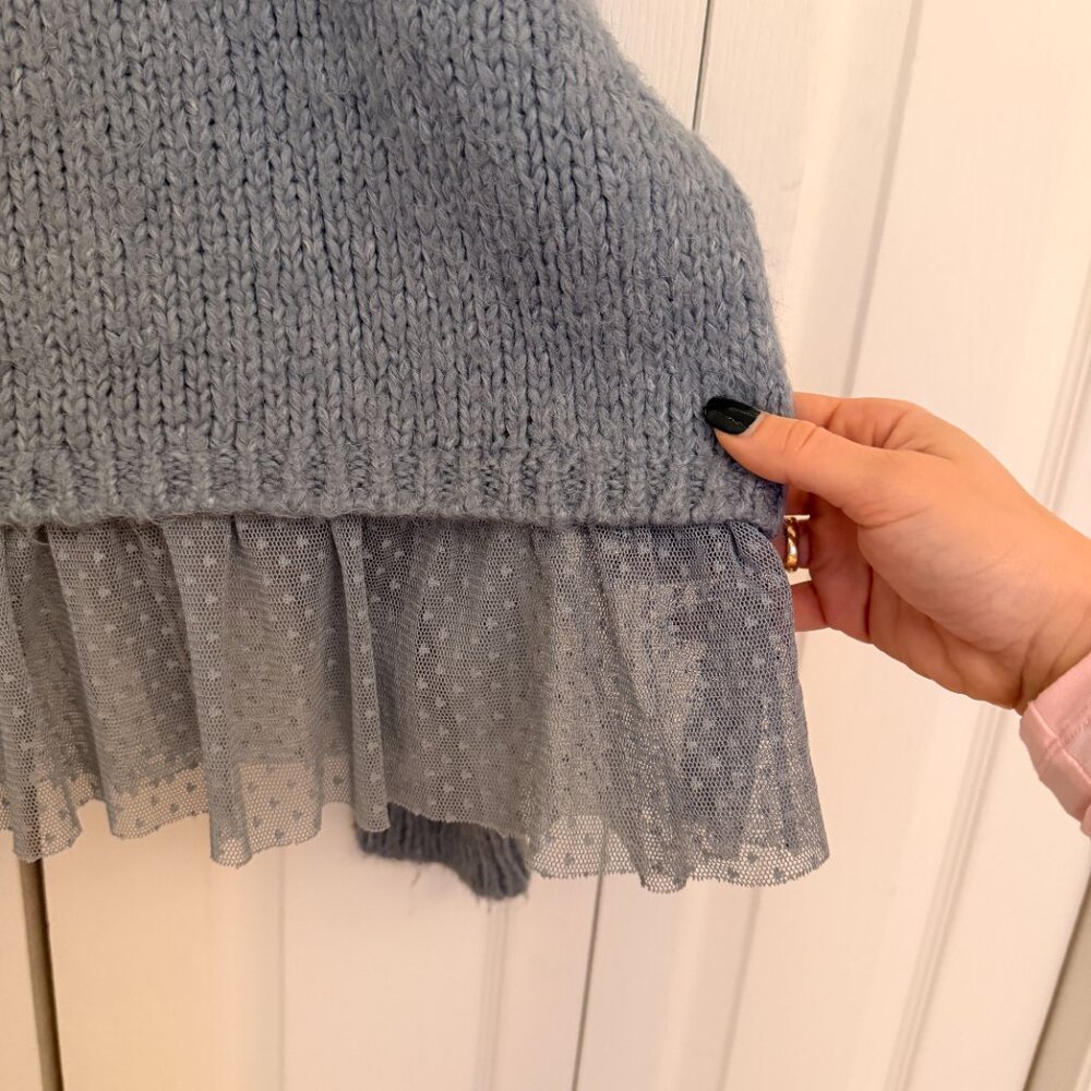 Blue Knit Hoodie with Sheer Ruffle Hem - Picture 3 of 8
